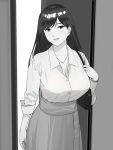  1girl a1 bag breasts cleavage collarbone door doorway handbag highres jewelry large_breasts light_blush long_hair looking_at_viewer monochrome necklace original shirt_tucked_in skirt sleeves_rolled_up smile solo standing sweatdrop very_long_hair 