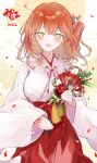  1girl 2022 akizuki_maku blush command_spell confetti facing_viewer fate/grand_order fate_(series) flower fujimaru_ritsuka_(female) hand_fan happy_new_year highres japanese_clothes kimono long_hair long_sleeves open_mouth orange_hair paper_fan side_ponytail smile solo standing white_kimono wide_sleeves yellow_eyes 