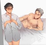  2boys abs aged_up bara beard_stubble bed_sheet bespectacled bokuto_koutarou bottomless character_request collared_shirt glasses gradient_hair grey_hair haikyuu!! jewelry large_pectorals lying maddox_rider male_focus mature_male multicolored_hair multiple_boys muscular muscular_male mustache_stubble naked_sheet navel nipples on_back on_bed pectorals red-framed_eyewear ring seductive_smile shirt short_hair sideburns smile stomach thick_eyebrows thighs topless_male undressing 