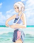  1girl ahoge alternate_costume blue_shorts blue_sky clothes_pull cloud day dolphin_shorts drying drying_clothes elf highres looking_at_viewer mizumori_keiichi mushoku_tensei ocean outdoors parted_lips pointy_ears red_eyes shirt shirt_pull short_hair shorts sky sleeveless sleeveless_shirt solo sports_bra sylphiette_(mushoku_tensei) water white_hair 