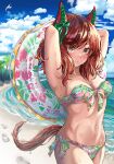  1girl animal_ears arms_behind_head beach bikini blue_sky brown_eyes brown_hair cloud commentary_request day ear_covers floral_print front-tie_bikini_top front-tie_top highres horizon horse_ears horse_girl horse_tail innertube medium_hair nice_nature_(umamusume) ocean outdoors rundymentos side-tie_bikini_bottom sky solo strapless strapless_bikini swimsuit tail umamusume wet_bikini 