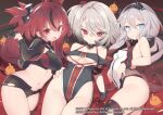  3girls azur_lane bare_shoulders black_gloves black_hair black_jacket blade_(galaxist) blue_eyes breasts cropped_jacket cross fang gloves groin hair_between_eyes iron_cross jacket large_breasts long_hair looking_at_viewer low_twintails lying manjuu_(azur_lane) medium_breasts midriff mole mole_under_eye multicolored_hair multiple_girls navel official_art one_side_up open_clothes open_jacket open_mouth red_eyes red_hair small_breasts smile streaked_hair twintails two_side_up u-1206_(azur_lane) u-410_(azur_lane) u-522_(azur_lane) 