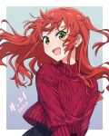  black_pants bocchi_the_rock! dated floating_hair green_eyes highres kita_ikuyo long_hair long_sleeves looking_at_viewer open_mouth pants red_hair red_sweater sanada_(tony2035176) smile sweater 