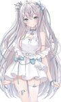  1girl ahoge blue_bow blue_eyes blue_ribbon blush bow crown earrings grey_hair hair_bow hair_ribbon highres indie_virtual_youtuber jewelry long_hair mini_crown nakaji_(user_snap3353) petr_petrichor ribbon single_thighhigh smile solo thighhighs very_long_hair virtual_youtuber white_thighhighs 