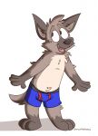 anthro barefoot black_nose blue_boxer_briefs blue_clothing blue_underwear boxer_briefs boxer_briefs_only brown_body brown_eyes brown_fur bulge clothed clothing colored_seam_underwear feet fur hi_res hyena male mammal markings mushketeery mushy_(mushketeteery) open_mouth red_seam_boxer_briefs red_seam_underwear shadow sharp_teeth signature simple_background smile solo spots spotted_markings tan_body tan_fur teeth teeth_showing topless underwear underwear_only white_background 