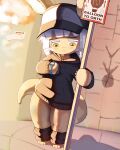  absurd_res ambiguous_gender anthro clothing digital_media_(artwork) disappointed fur hair hat headgear headwear hi_res hoodie looking_at_watch made_in_abyss nanachi paws shadow signpost simple_background skalelsky solo tan_body tan_fur text topwear white_hair yellow_eyes 