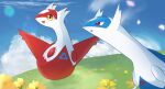  1boy 1girl animal animal_ears blue_sky cloud dragon flower flying grass highres latias latios minami_pokeaka open_mouth pokemon pokemon_(creature) red_pupils sky wings yellow_flower yellow_pupils 