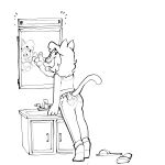  amy_(creator_ant) anthro bathroom_sink black_and_white clothed clothing creator_ant domestic_cat felid feline felis female flip_flops footwear hi_res light looking_at_self mammal mirror monochrome open_mouth sandals simple_background socks solo tail tongue tongue_out 
