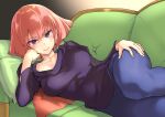  1girl abo_(hechouchou) blue_pantyhose blush breasts couch cushion gundam haman_karn hand_on_own_hip long_sleeves looking_at_viewer lying medium_breasts on_side pantyhose purple_eyes red_hair short_hair solo zeta_gundam 