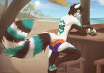  absurd_res ailurid anthro beverage bulge butt canid canine clothed clothing fluffy fluffy_tail fox fur hair hi_res hybrid looking_at_viewer male mammal paws red_panda smile solo swimwear tail watermark zempy3 