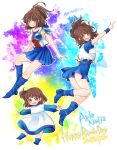  3girls arle_nadja blue_footwear blue_skirt blush boots brown_hair character_name happy_birthday long_sleeves looking_at_viewer madou_monogatari multiple_girls multiple_persona open_mouth ponytail puyopuyo ri25to short_sleeves side_ponytail skirt sleeveless smile yellow_eyes 