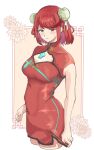  1girl alternate_costume blush border breasts bun_cover chest_jewel china_dress chinese_clothes cleavage_cutout closed_mouth clothing_cutout cropped_legs double_bun dress eyelashes hair_bun highres large_breasts medium_hair pyra_(xenoblade) red_dress red_eyes red_hair shadow short_dress sidelocks sleeveless sleeveless_dress solo swept_bangs white_border xenoblade_chronicles_(series) xenoblade_chronicles_2 yamame_012 
