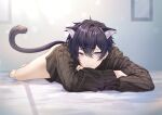  1boy animal_ears bare_legs barefoot bed black_hair cat_boy cat_ears cat_tail closed_mouth crossed_arms feet highres indie_virtual_youtuber looking_at_viewer lying makura_wet male_focus no_pants purple_eyes ribbed_sweater short_hair shoto_(vtuber) solo sweater tail virtual_youtuber 