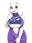  2023 anthro big_breasts blush boss_monster bovid breasts caprine clothed clothing digital_media_(artwork) dress female fingers fur horn light_theme long_ears looking_at_viewer mammal mature_anthro mature_female navel open_mouth open_smile rk9k simple_background smile smiling_at_viewer solo standing toriel undertale undertale_(series) white_body white_fur 