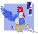  2020 absurd_res avian avian_feet beverage_can blue_body breasts female gausscannon genitals hair hi_res horn inverted_nipples nipples nude pussy red_bull red_hair solo standing tail white_body wings 