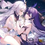  2girls backless_outfit bare_shoulders benghuai_xueyuan blue_eyes bracelet copyright_name english_commentary gloves hair_ornament hands_on_another&#039;s_face honkai_(series) jewelry kiana_kaslana long_hair multiple_girls official_art purple_eyes purple_hair raiden_mei smile third-party_source white_hair 