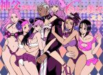  1boy 6+girls alternate_hairstyle bikini black_eyes braid breasts brown_eyes cleavage cleavage_cutout clothing_cutout commentary_request contrapposto crop_top dark-skinned_male dark_skin double_bun dreadlocks enrico_pucci ermes_costello facial_mark facial_tattoo foo_fighters grey_eyes grey_hair gwess hair_bun hand_on_hip harem hat hetero jojo_no_kimyou_na_bouken kid_(kidocchi) kujo_jolyne long_hair medium_breasts microskirt miniskirt mirashon miu_miu multicolored_hair multiple_girls one-piece_swimsuit pink_hair polka_dot polka_dot_bikini purple_eyes purple_hair sailor_bikini sailor_collar short_eyebrows skirt stone_ocean swimsuit tattoo thick_eyebrows translation_request two-tone_hair wristband 