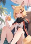  1girl absurdres animal_ear_fluff animal_ear_piercing animal_ears arknights bare_legs black_cloak black_shorts blonde_hair blue_sky cloak cloud commentary_request cropped_shirt cup day drink drinking_straw earrings fox_ears fox_girl fox_tail hair_between_eyes hair_ornament hairclip highres holding holding_cup holding_drink hoop_earrings jewelry knees_up looking_at_viewer notched_ear orange_eyes outdoors palm_tree shirt short_hair short_shorts shorts sitting sky solo tail tree vermeil_(arknights) welt_(kinsei_koutenkyoku) white_shirt 