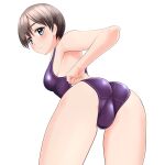  1girl absurdres ass black_hair competition_swimsuit crotch_seam from_behind grey_eyes highres leaning_forward looking_at_viewer looking_back one-piece_swimsuit original parted_lips purple_one-piece_swimsuit short_hair solo standing swimsuit takafumi 