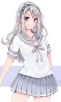  1girl asymmetrical_bangs cowboy_shot dress grey_hair grey_hairband grey_sailor_collar grey_skirt hairband kantai_collection koito_(shi_marl_marl) long_hair one-hour_drawing_challenge pleated_dress pleated_skirt purple_eyes sagiri_(kancolle) sailor_collar sailor_shirt school_uniform serafuku shirt short_sleeves skirt solo swept_bangs 