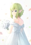  1girl alternate_costume bare_shoulders blue_eyes bouquet breasts closed_mouth commentary_request dress dungeon_ni_deai_wo_motomeru_no_wa_machigatteiru_darou_ka elf flower green_hair highres holding holding_bouquet looking_at_viewer medium_breasts niceumeboshi pointy_ears ryu_lion short_hair simple_background solo standing strapless strapless_dress wedding_dress 