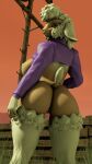  2023 3d_(artwork) 9:16 anthro barely_visible_genitalia barely_visible_pussy bottomless bovid butt caprine clothed clothing digital_media_(artwork) female fur genitals grass hi_res looking_back mammal outside plant purple_clothing purple_eyes purple_topwear pussy sheep solo source_filmmaker tan_body topwear topwear_only utility_pole white_body white_fur woofersfm 