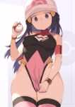  1girl beanie black_hair black_leotard blush closed_mouth dawn_(pokemon) embarrassed grey_eyes hand_up hat highleg highleg_leotard highres holding holding_poke_ball leotard leotard_pull long_hair looking_at_viewer pink_leotard pink_thighhighs poke_ball poke_ball_print pokemon pokemon_(game) pokemon_dppt poketch pulled_by_self solo spring2013 sweatdrop thighhighs two-tone_leotard watch white_headwear wristwatch 