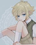  0tz026 1boy basil_(omori) blonde_hair blue_eyes brown_shorts collared_shirt green_sweater_vest highres knees_up looking_at_viewer omori parted_lips shirt short_hair short_sleeves shorts solo sweater_vest white_shirt 