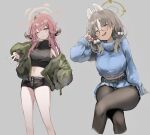  2girls ;o animal_ears aru_(blue_archive) black_pantyhose black_shirt black_shorts blue_archive blue_skirt blue_sweater blush breasts brown_hair candy cropped_legs cropped_sweater demon_horns fake_animal_ears feet_out_of_frame food grey_background gyaru_v halo hand_in_pocket highres hisiya_(wldn1112) holding holding_candy holding_food horns large_breasts lollipop looking_at_viewer medium_breasts midriff miniskirt moe_(blue_archive) multiple_girls navel one_eye_closed pantyhose pink_hair pom_pom_(clothes) rabbit_ears shirt short_shorts shorts simple_background skirt sleeveless sleeveless_shirt smile sweater twintails v 