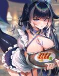  1girl animal_ears apron belt_collar black_hair blue_collar blue_garter_straps body_markings breasts breasts_on_tray cetacean_tail cleavage collar fins fish_tail garter_straps halterneck highres holding holding_tray indie_virtual_youtuber large_breasts long_hair looking_at_viewer maid maid_apron maid_headdress multicolored_hair orca_girl purple_eyes rosebell shylily sidelocks streaked_hair tail tray virtual_youtuber white_hair 