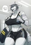  2020 abs absurd_res anthro bottle breasts cleavage clothed clothing container dialogue female fish grey_body grey_hair gym hair hi_res holding_bottle holding_container holding_object kaze_(notglacier) marine muscular muscular_female notglacier shark solo 