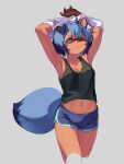  1girl animal_ears animal_nose armpits arms_up blue_eyes blue_hair body_fur brand_new_animal breasts brown_fur closed_mouth commentary_request cropped_legs dolphin_shorts frown furry furry_female highres kagemori_michiru looking_at_viewer medium_breasts navel one_eye_closed raccoon_ears raccoon_girl raccoon_nose raccoon_tail rrkk28180479 short_hair shorts simple_background solo tail tanuki undressing 