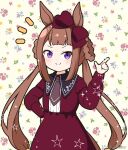  1girl animal_ears bow braid brown_background brown_hair closed_mouth collared_dress commentary_request dress floral_background hair_bow hair_rings hand_on_own_hip hand_up horse_ears horse_girl horse_tail index_finger_raised long_hair long_sleeves mitya notice_lines puffy_long_sleeves puffy_sleeves purple_bow purple_dress purple_eyes smile solo sweep_tosho_(umamusume) tail twin_braids umamusume very_long_hair 