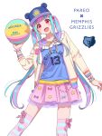  1girl :d animal_ear_headwear animal_ears aqua_bow aqua_hair ball bang_dream! baseball_cap basketball_(object) basketball_jersey bear_ears blue_bow blue_headwear blue_shirt blue_thighhighs blunt_bangs blush bow bow_earrings bracelet character_name collarbone commentary_request cosplay earrings english_commentary eyelashes fake_animal_ears fedex frilled_sailor_collar frills hair_bobbles hair_ornament hand_up hat heart_bracelet highres holding holding_ball jacket jaren_jackson_jr. jaren_jackson_jr._(cosplay) jersey jewelry logo long_hair long_sleeves looking_at_viewer memphis_grizzlies mikasa_sports mixed-language_commentary multicolored_hair national_basketball_association neck_ribbon nike nyubara_reona open_clothes open_jacket open_mouth pink_bow pink_skirt pink_thighhighs pleated_skirt purple_bow purple_hair purple_sailor_collar red_eyes ribbon sailor_collar shirt sidelocks simple_background skirt smile solo standing star_(symbol) star_bracelet star_earrings streaked_hair striped striped_thighhighs tareme thighhighs twintails very_long_hair watch white_background wristwatch yazawa_happyaro yellow_jacket yellow_ribbon 
