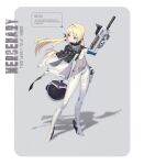  1girl ahoge blonde_hair blue_eyes bodysuit contrapposto covered_navel full_body fysc grey_background gun helmet high_heels highres holding holding_gun holding_helmet holding_weapon long_hair low_twintails original science_fiction shadow solo submachine_gun twintails weapon white_bodysuit wind wind_lift 