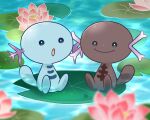  animal_focus black_eyes bright_pupils closed_mouth dated flower lily_pad no_nose open_mouth paldean_wooper pink_flower pokemon pokemon_(creature) signature sitting smile tanshoku_kurage water white_pupils wooper 