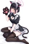  1girl alternate_costume animal_hands apron black_gloves black_hair black_thighhighs blue_archive breasts cat_cutout cleavage cleavage_cutout clothing_cutout colored_inner_hair enmaided extra_ears fake_tail gloves hair_ornament hairclip halo highres kazusa_(blue_archive) looking_at_viewer maid maid_apron medium_breasts multicolored_hair paw_gloves pink_hair pink_halo puffy_short_sleeves puffy_sleeves rama_(yu-light8) red_eyes short_hair short_sleeves sitting solo tail thighhighs thighs white_apron 
