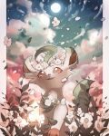  animal_focus brown_eyes cloud commentary_request falling_petals flower from_below head_wreath highres leaf leafeon moon night night_sky no_humans open_mouth petals pillarboxed pokemon pokemon_(creature) reo_(mmocc123) sky solo white_flower white_fur 