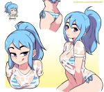  1girl ass bikini bikini_under_clothes blue_bikini blue_eyes blue_hair borrowed_character breasts dashi ear_piercing halterneck highres iru_may_(akairiot) licking_lips long_hair looking_at_viewer medium_breasts no_pants original piercing ponytail shirt side-tie_bikini_bottom simple_background smile solo string_bikini swimsuit t-shirt tongue tongue_out 