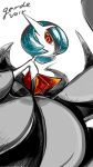  1girl alternate_color ame_(metorui) bare_shoulders black_dress black_gloves blue_hair bob_cut character_name colored_skin commentary_request dress elbow_gloves english_text flat_chest gardevoir gloves hair_over_one_eye highres long_dress looking_at_viewer mega_gardevoir mega_pokemon one_eye_covered open_mouth orange_eyes partial_commentary pokemon pokemon_(creature) shiny_pokemon short_hair simple_background solo standing strapless strapless_dress white_background white_skin 
