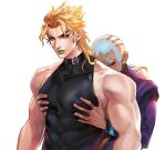  2boys anjingwang black_leotard blonde_hair buzz_cut closed_eyes dark-skinned_male dark_skin dio_brando earrings enrico_pucci green_lips highres hug hug_from_behind jewelry jojo_no_kimyou_na_bouken leotard male_focus mullet multiple_boys muscular muscular_male ponytail priest short_hair sleeveless_turtleneck_leotard stone_ocean very_short_hair white_hair yaoi yellow_eyes 