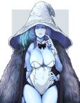  1girl absurdres armpit_crease black_bow black_bowtie blue_eyes blue_headwear border bow bowtie breasts cape cleavage covered_navel doll_joints elden_ring extra_arms extra_faces finger_to_cheek fur_cape grey_background hat highres jinu_(pixiv84296916) joints large_breasts large_hat leotard one_eye_closed parted_lips raised_eyebrows ranni_the_witch solo standing thigh_gap white_border white_leotard witch_hat 