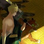  1boy 3wa_tari alternate_costume animal bandaged_arm bandages black_gloves blonde_hair blue_eyes cloud_strife day final_fantasy final_fantasy_vii from_side gloves green_eyes green_kimono holding holding_sword holding_weapon indoors japanese_clothes kimono male_focus open_clothes over_shoulder print_kimono sash serious short_hair solo spiked_hair sword tiger weapon weapon_over_shoulder yellow_background yellow_sash 