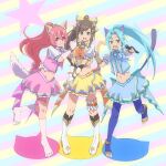  3girls absurdres alternate_costume animal_ears animal_hands blue_hair cat_ears cat_tail closed_mouth full_body gloves green_eyes highres jewelry kaien_advance long_hair looking_at_viewer meracle_chamlotte midriff multiple_girls navel open_mouth perisie_(star_ocean) pink_hair ponytail saionji_reimi smile star_ocean star_ocean_first_departure star_ocean_the_last_hope tail thighhighs toes 