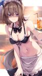  absurdres admire_vega_(umamusume) alternate_costume bikini blurry blurry_background breasts brown_hair cleavage closed_mouth commentary_request cup drinking_glass groin hair_between_eyes hair_ornament highres long_hair looking_at_viewer maid maid_bikini maid_headdress medium_breasts navel nayuta0603 ponytail purple_eyes shaded_face swimsuit tray umamusume unconventional_maid 