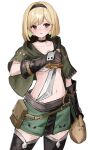  1girl absurdres alternate_costume black_choker black_gloves black_hairband black_thighhighs blonde_hair blush breasts brown_eyes capelet choker collarbone commentary_request cowboy_shot djeeta_(granblue_fantasy) facing_viewer gloves granblue_fantasy green_capelet green_skirt hairband highres holding holding_knife knife looking_ahead medium_hair navel shiro_wa_(shiroshironix) simple_background skirt small_breasts smile solo standing thighhighs white_background 