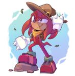  1boy angiethecat bandana brown_headwear brown_vest cowboy_hat gloves hand_on_headwear hat highres knuckles_the_echidna looking_up open_clothes open_vest purple_eyes red_footwear red_fur smile sonic_(series) the_murder_of_sonic_the_hedgehog vest white_gloves 