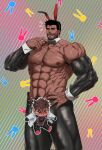  &gt;_&lt; 2boys abs animal_ears armpit_hair armpit_hair_peek bara censored character_censor chest_hair chibi chibi_inset crotchless dobek_k facial_hair feet_out_of_frame flying_sweatdrops frontless_outfit hairy hand_hair highres huge_pectorals knuckle_hair latex latex_legwear looking_at_viewer male_focus male_playboy_bunny mature_male meme_attire multiple_boys muscular muscular_male navel navel_hair nipples notice_lines novelty_censor original rabbit_background rabbit_ears reverse_bunnysuit reverse_outfit sanpaku short_hair shrug_(clothing) shy sideburns solo_focus stomach strongman_waist stubble thick_eyebrows thick_thighs thighs topless_male wrist_cuffs yaoi 