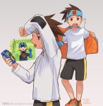  2boys absurdres arm_up artist_name black_bodysuit black_shorts blue_gloves blue_headband blue_headwear bodysuit brown_eyes brown_hair commentary english_text flying_sweatdrops from_side gloves green_eyes grey_background headband helmet highres holding jacket lan_hikari_(mega_man) light_blush looking_at_viewer male_focus mega_man_(series) mega_man_battle_network megaman.exe multiple_boys multiple_views orange_footwear orange_jacket personal_terminal removing_jacket shirt shoes short_hair shorts simple_background sneakers spiked_hair standing teeth tok_nuts translation_request upper_teeth_only watermark white_shirt 