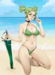  1girl absurdres beach bikini blue_eyes blue_sky blush breasts choker commission day droite_(tales) green_bikini green_hair highres kneeling large_breasts leoquezadilla ocean outdoors sand short_hair side-tie_bikini_bottom skull_brooch sky smile solo stomach swimsuit sword tales_of_(series) tales_of_vesperia twintails weapon 
